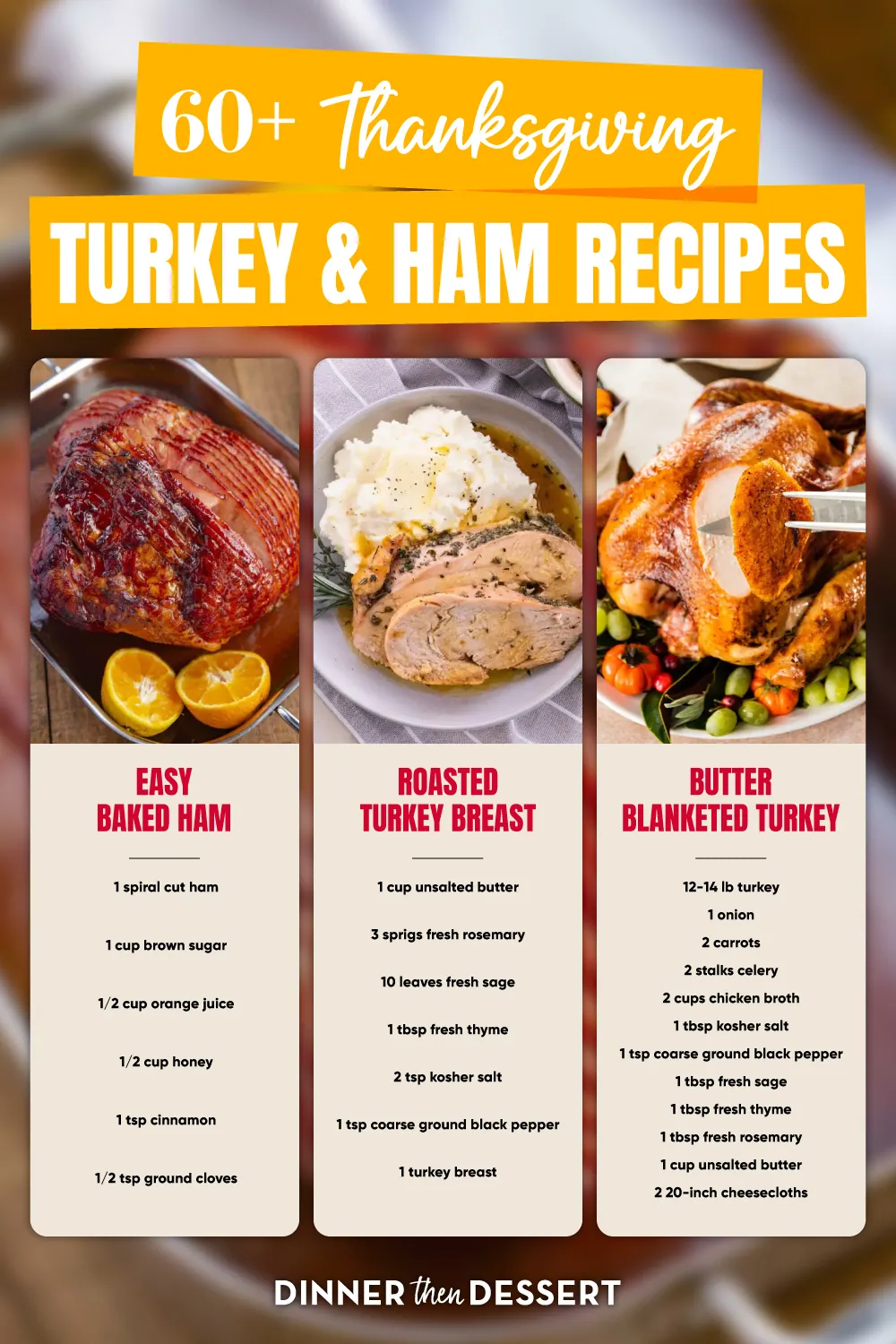 graphic with one ham recipe and two turkey recipes