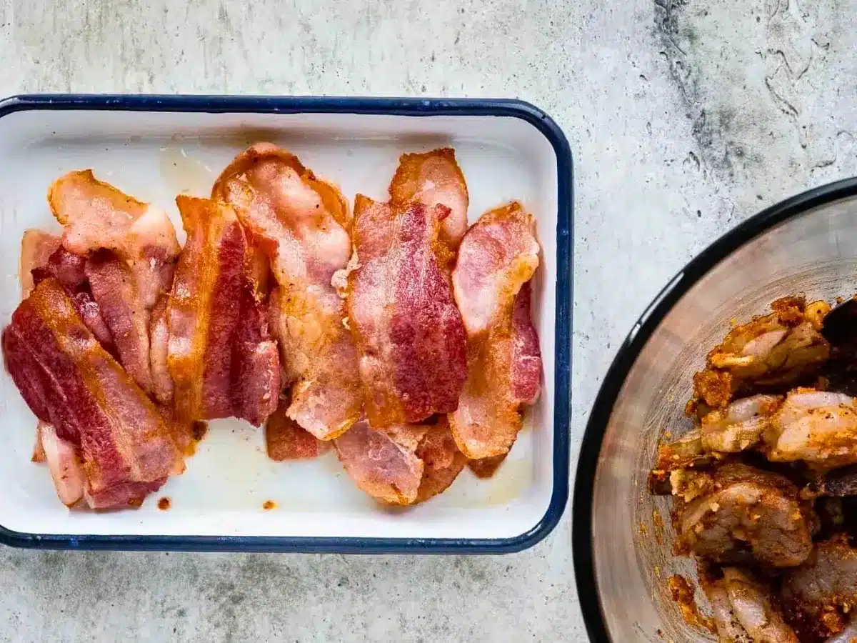 Par cooked bacon and seasoned shrimp