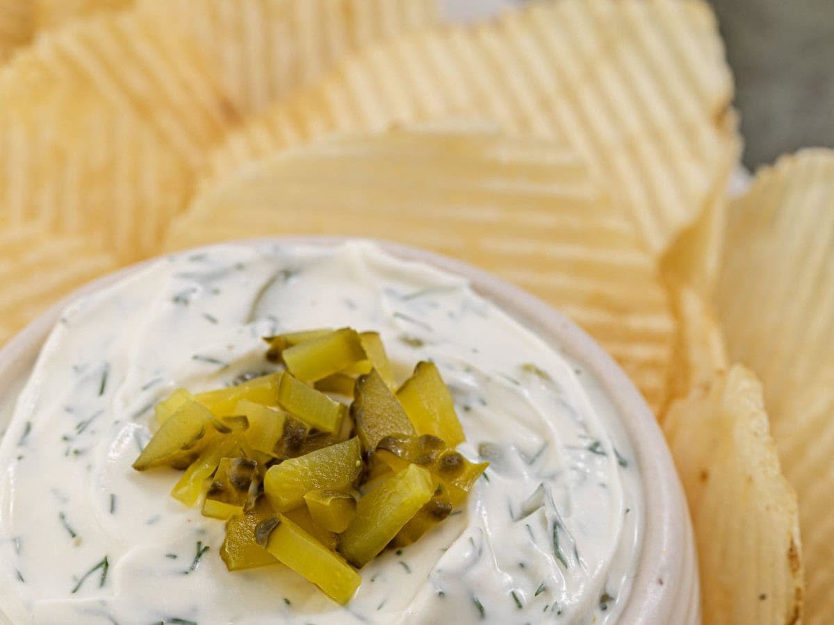 Close up on dip and potato chips