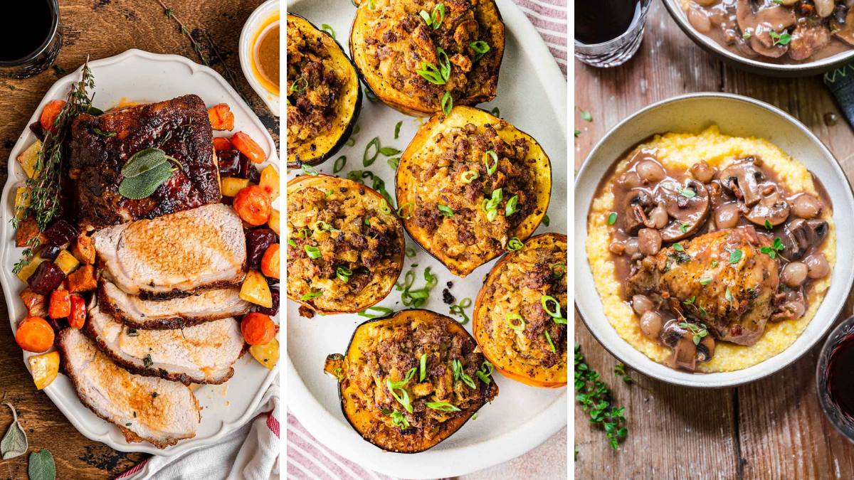 3 image collage of plated air fryer garlic pork, acorn squash and coq au vin