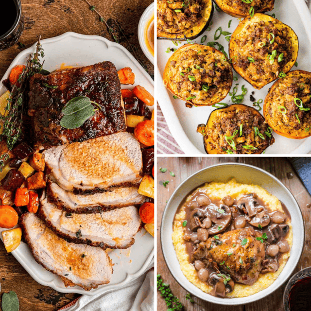 3 image grid with air fryer garlic pork loin, acorn squash and coq au vin