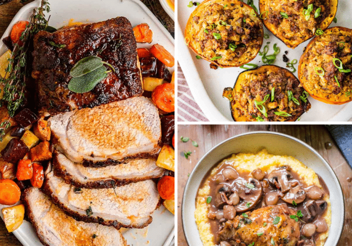 3 image grid with air fryer garlic pork loin, acorn squash and coq au vin