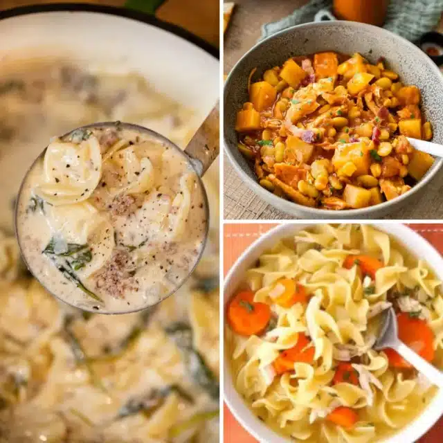 Collage of tortellini soup, noodle soup, and stew