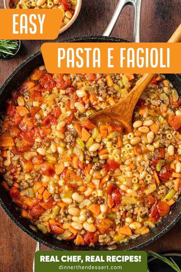 vegetable and pasta dish in a pan with title over top