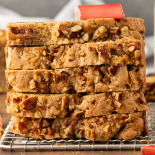 Stack of sliced rhubarb bread.
