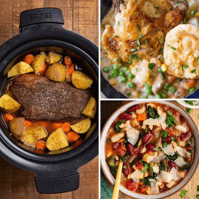 3 Image grid of slow cooker recipes rump roast, chicken pot pie and minestrone soup