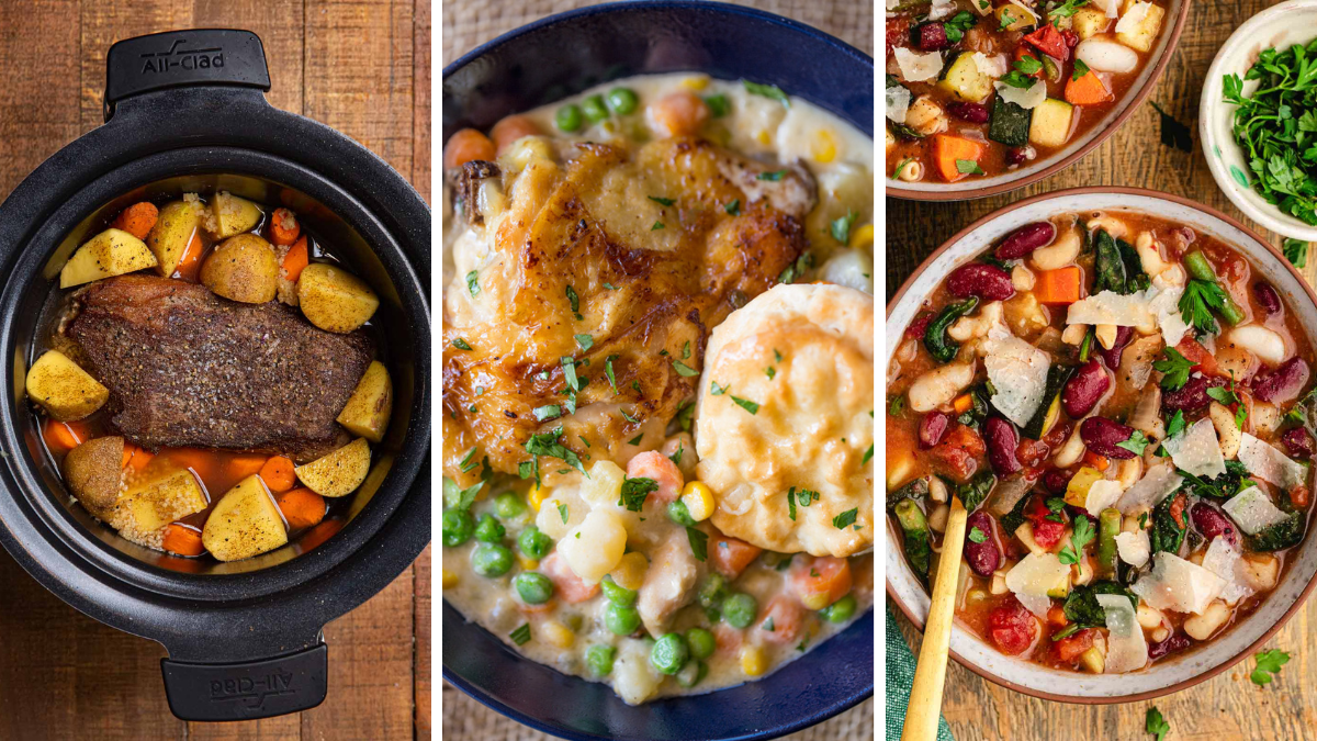 3 Image collage of slow cooker recipes rump roast, chicken pot pie and minestrone soup