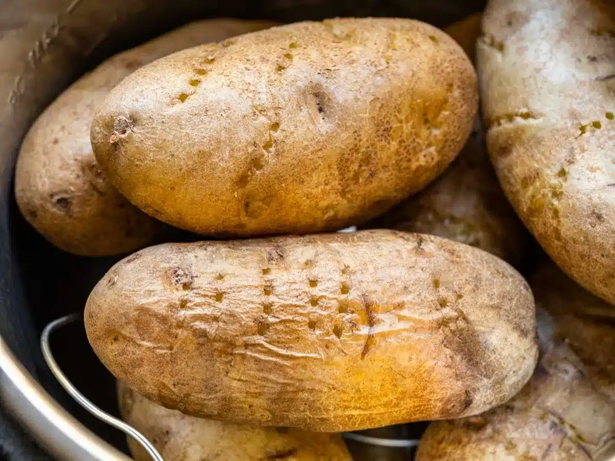 Russet potatoes in pot.