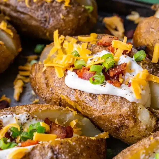 Potatoes loaded with cheese, bacon, and sour cream.