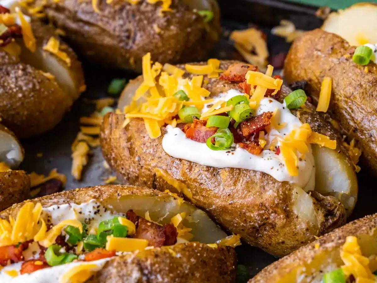 Potatoes loaded with cheese, bacon, and sour cream.
