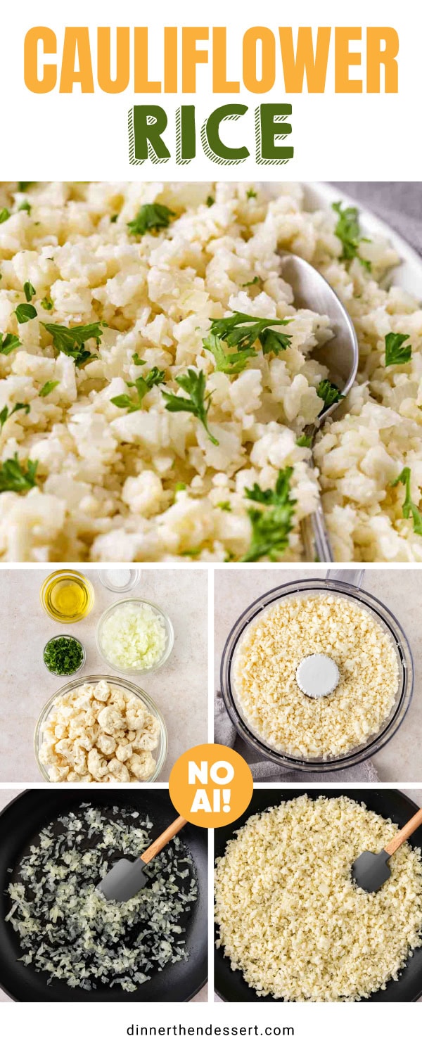 Collage of photos showing how to make cauliflower rice.