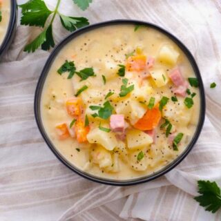 Ham and potato soup shot from above