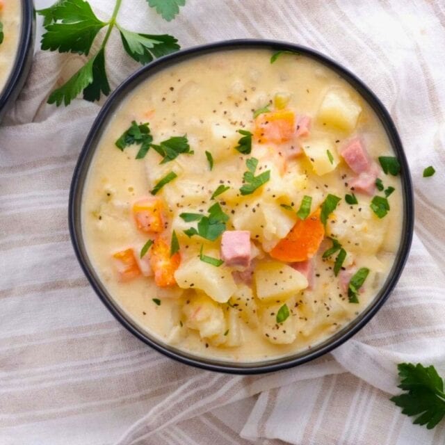 Ham and potato soup shot from above