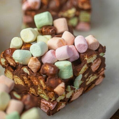 Close up of chocolate confetti square