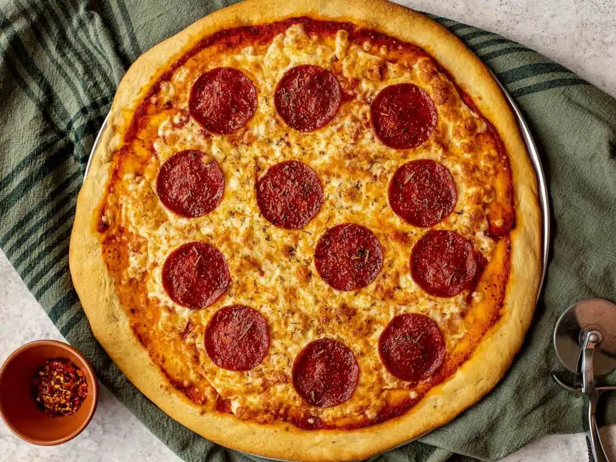 Baked dough with pepperoni on top 