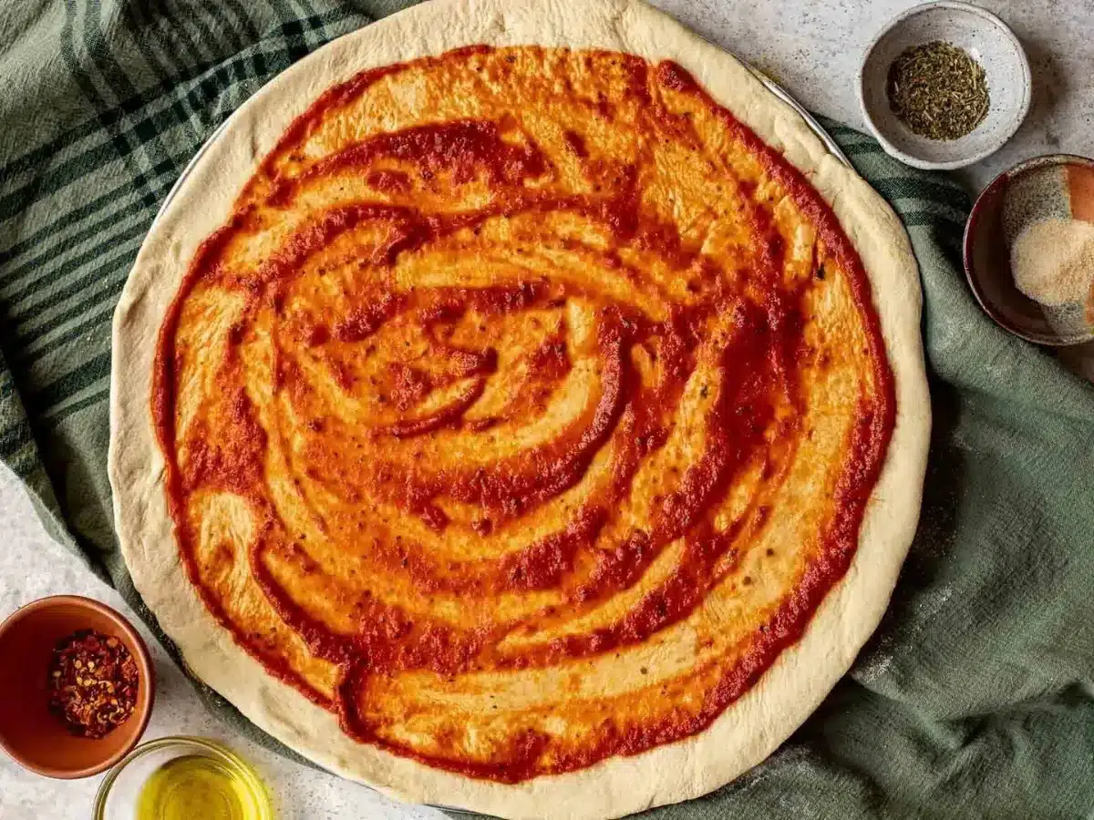 Dough with sauce on top