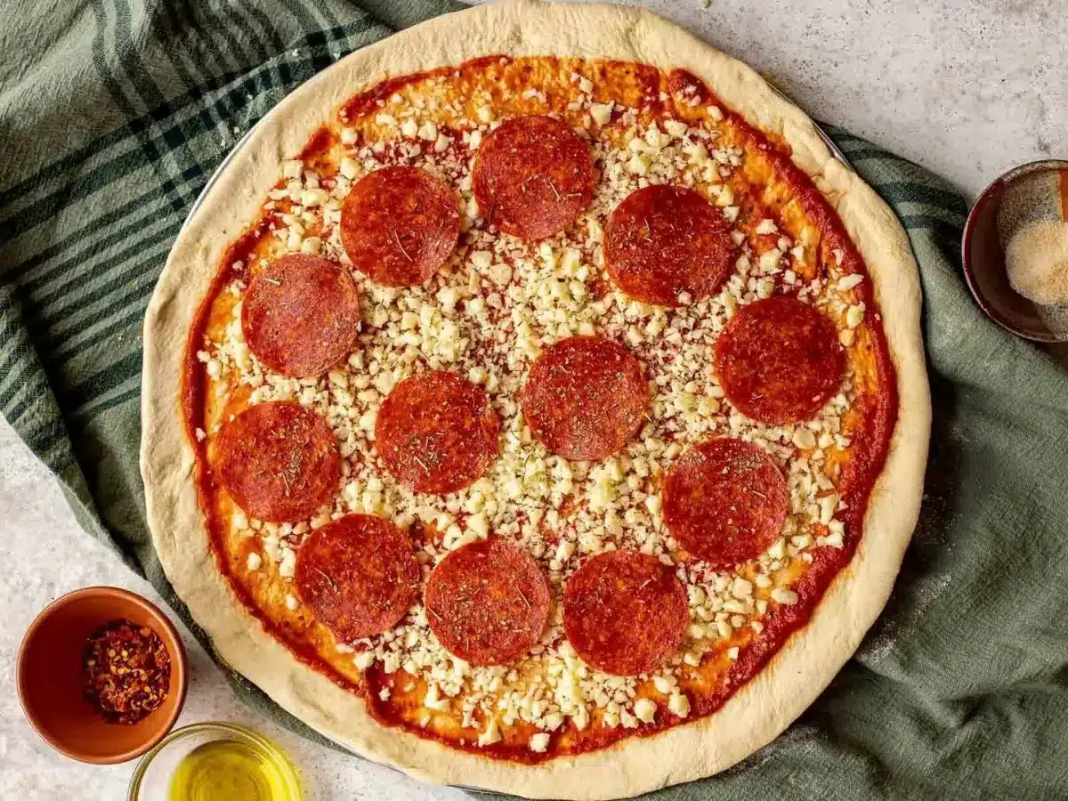 Raw dough, cheese, and topping 
