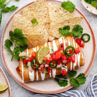 Top down view of plated chimichanga with toppings and chips