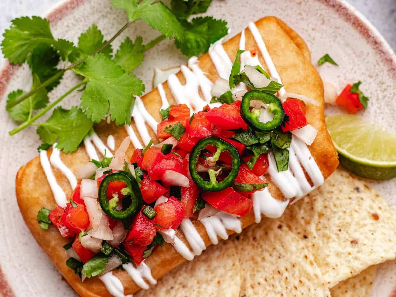 plated mexican dinner with salsa and chips