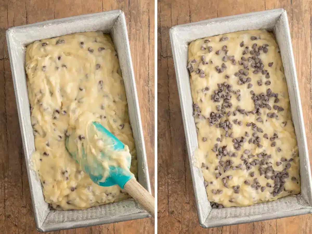 collage of putting bread in loaf pan