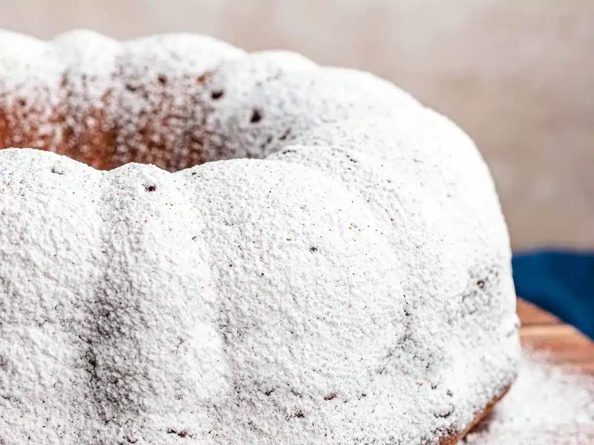 side view of whole cake dusted in powdered sugar 