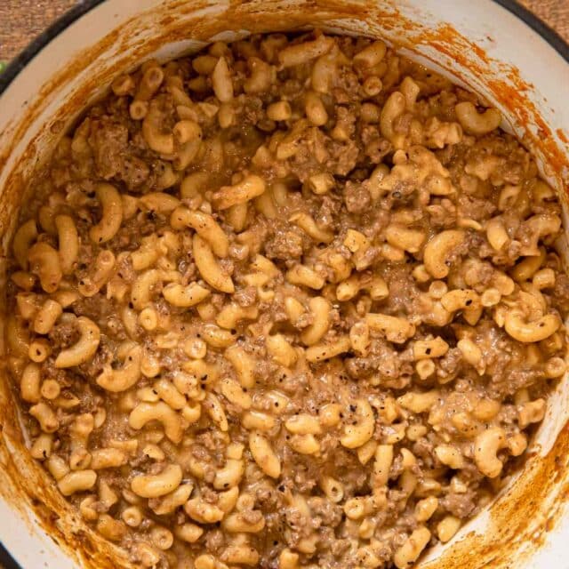 Finished pasta and beef in sauce in pot