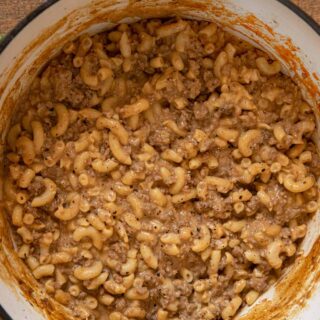 Hamburger Helper in pot with macaroni