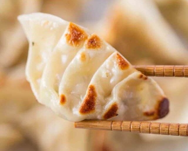 Chopsticks holding cooked dumpling up close