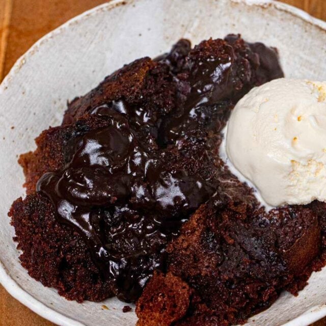 Plated chocolate lava cake with ice cream