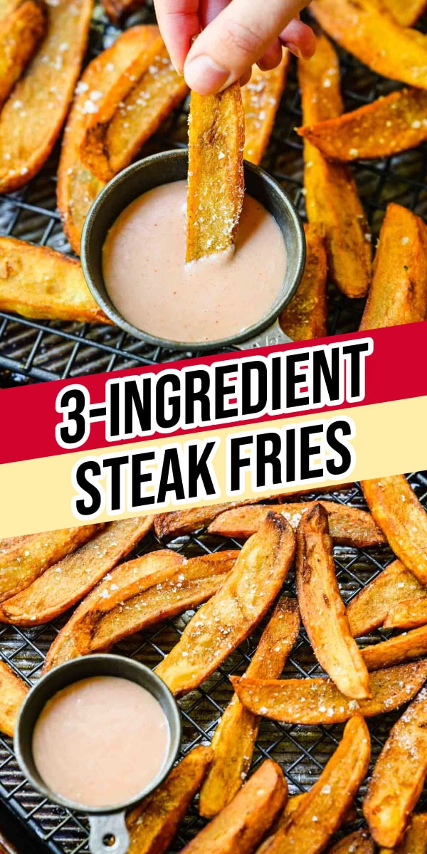 Collage of cooked fries on baking sheet with sauce cup