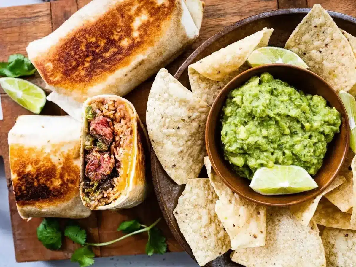 Cooked tortillas filled with ingredients with a side of chips and guacamole 