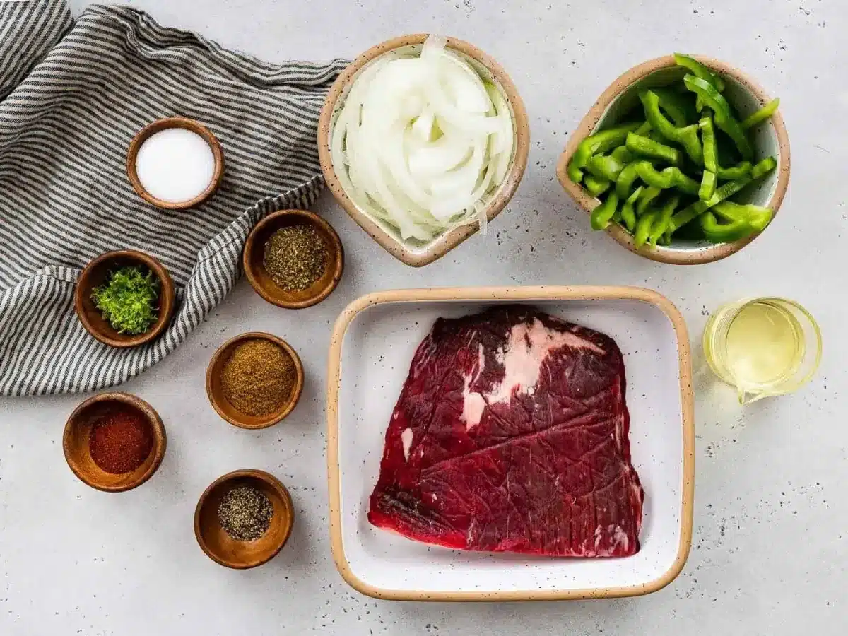 Ingredients in bowls and raw steak 