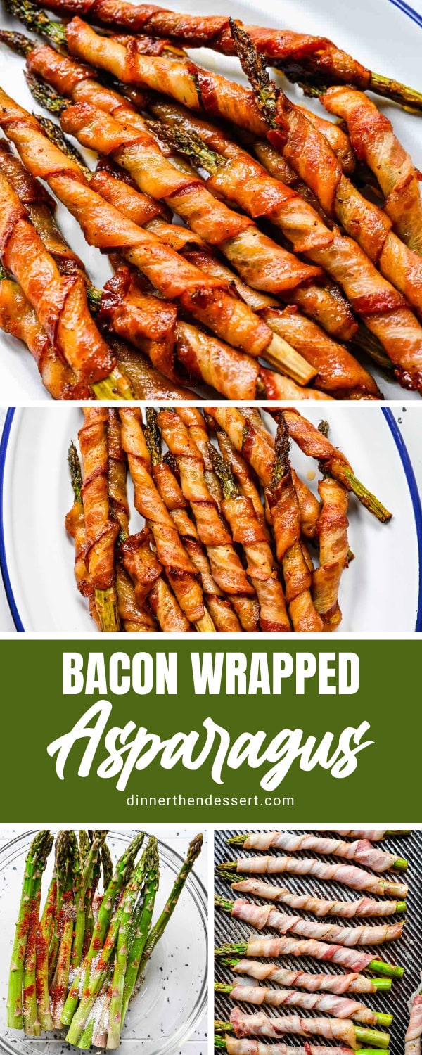 You'll love my easy addicting Bacon Wrapped Asparagus recipe for tender, seasoned asparagus individually wrapped in crispy bacon strips. Collage of prep steps and plated baked asparagus wrapped in bacon