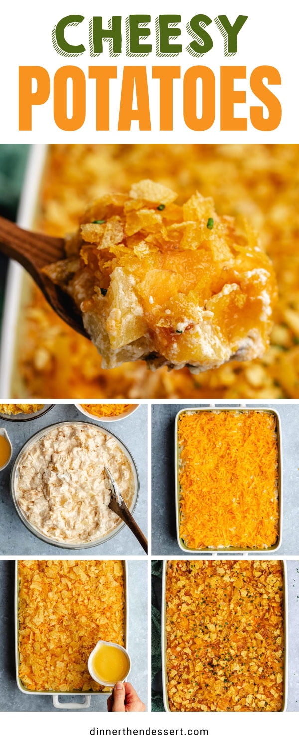 Easy Cheesy Potatoes are the ultimate potato casserole recipe with fresh potatoes, sour cream sauce, crunchy topping and tons of cheese! Collage of preparing casserole and portion on serving spoon