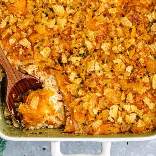 Baked potato casserole in dish and portion on spoon