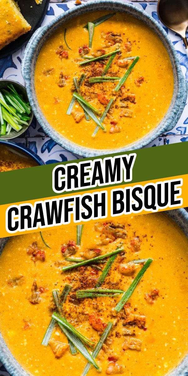 Crawfish Bisque is a perfectly rich, creamy, flavorful, seafood soup prepared with homemade crawfish stock and topped with crawfish chunks. Collage of finished soup in bowl with garnish