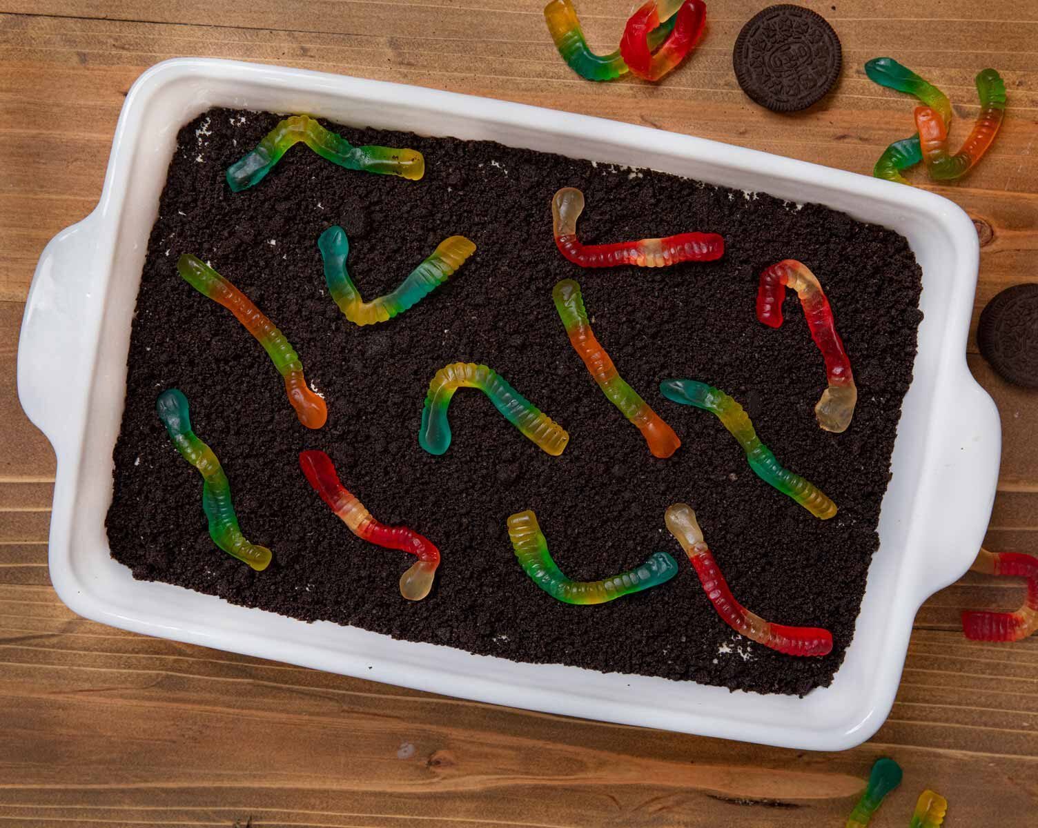 top-down view of Dirt Cake in baking dish