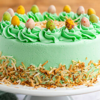 Side view of whole decorated cake
