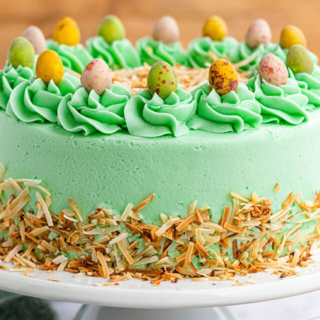 Side view of whole decorated cake