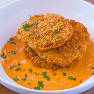 Fried Green Tomatoes in a bowl with sauce