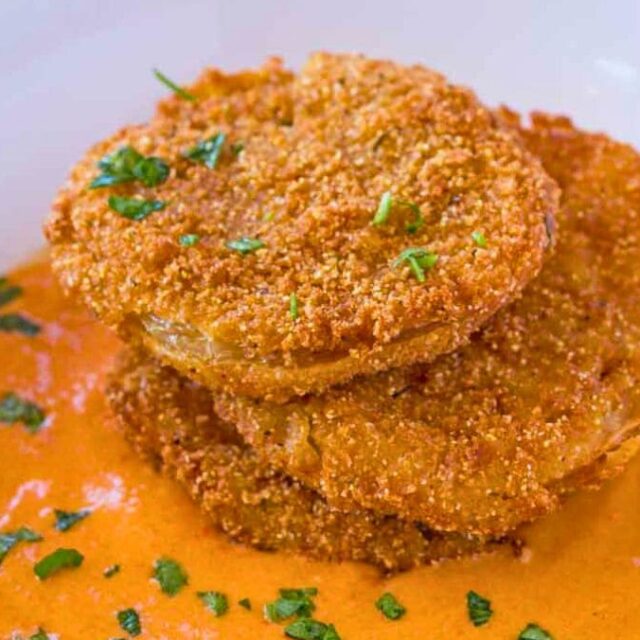 Fried Tomatoes in a bowl with sauce