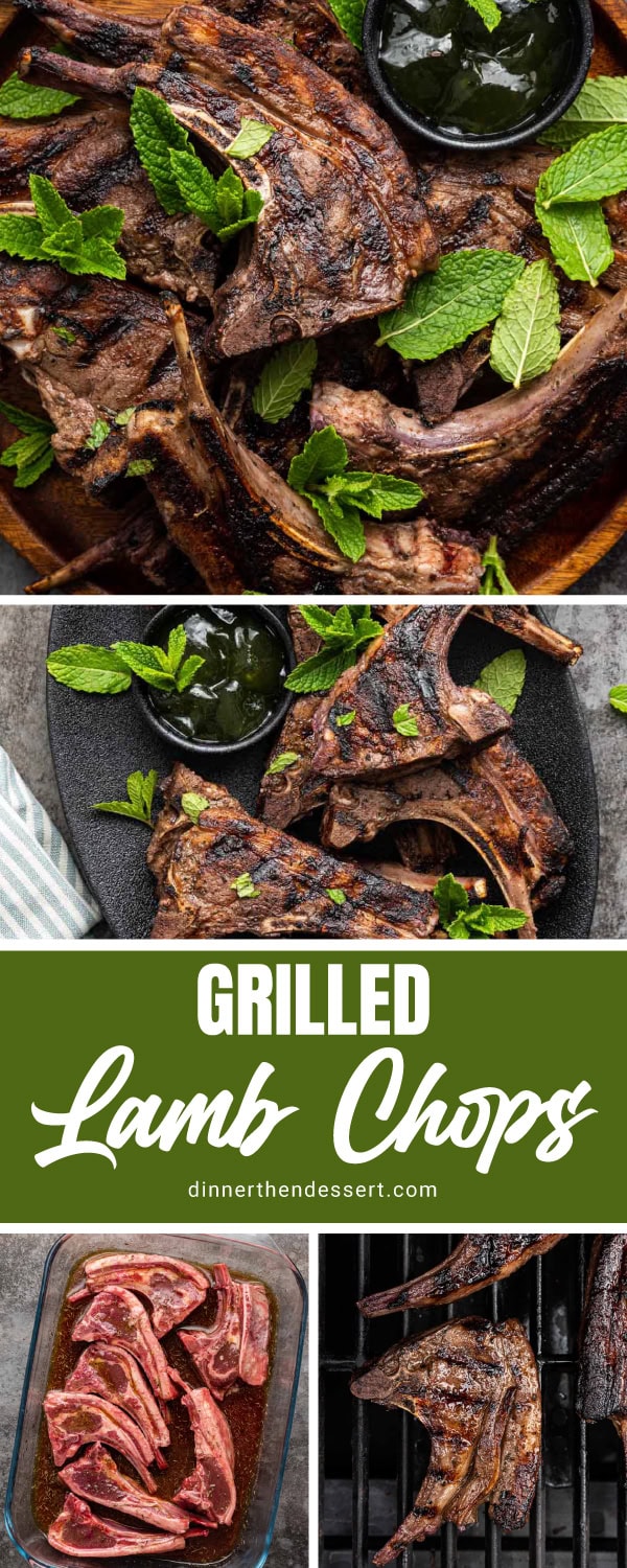 The best Grilled Lamb Chops recipe for tender, perfectly cooked meat with a flavorful marinade. Includes my homemade mint jelly recipe! Collage of preparing, grilling, and cooked lamb chops