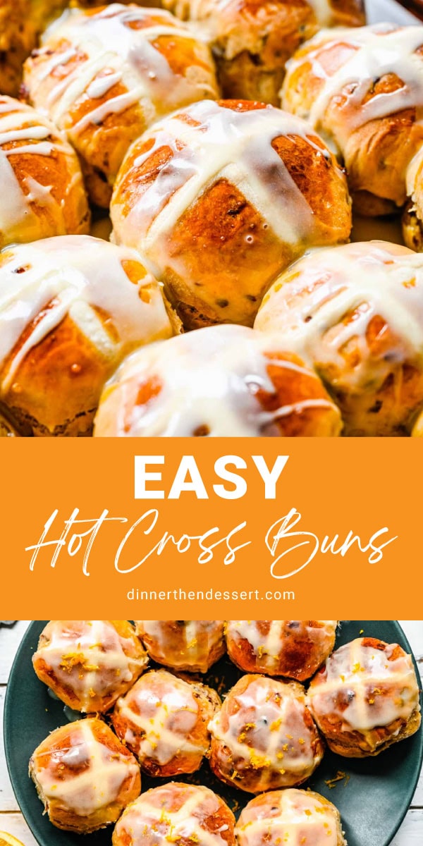 Hot Cross Buns are traditional Easter treats you can easily make at home. Step-by-step recipe for fresh spiced raisin buns with sweet glaze. Collage of baked and glazed buns