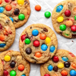 M&M Cookies on baking sheet