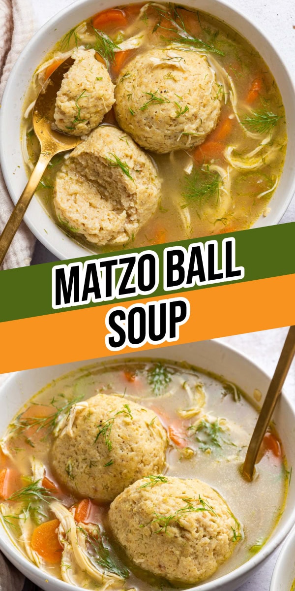 Matzo Ball Soup is a traditional recipe for Jewish chicken soup full of chicken breast, fluffy matzo balls, vegetables and delicious flavor! Collage of cooked soup in pot and portioned bowl