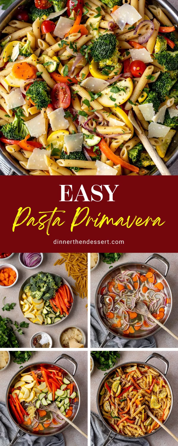 Pasta Primavera is an easy, classic pasta recipe packed with fresh vegetables and tender penne pasta, tossed in creamy Parmesan herb sauce. Collage of preparation steps and finished pasta dish in bowl