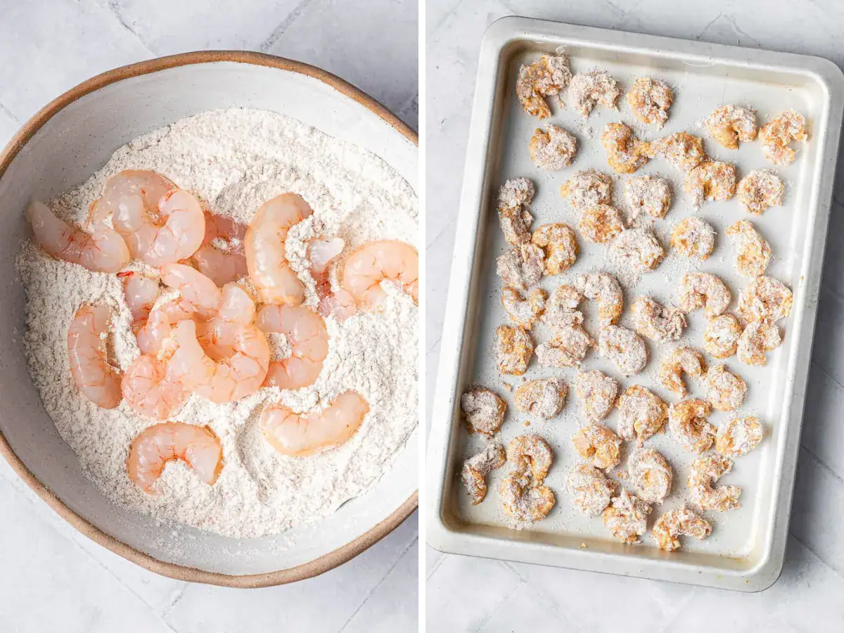 Collage of shrimp being breaded