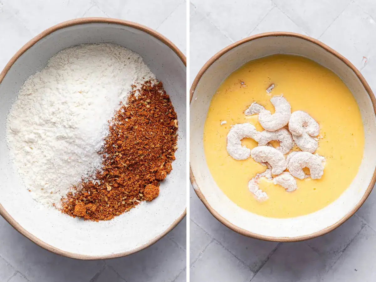 Collage of prep for breading shrimp