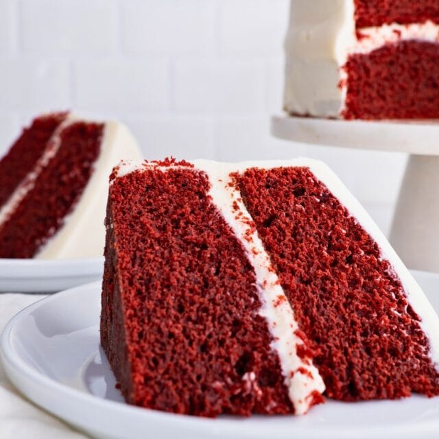 Sliced red velvet layer cake