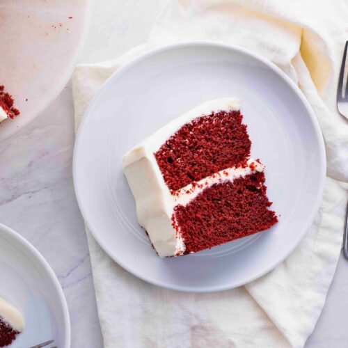 Slice of red velvet cake from above